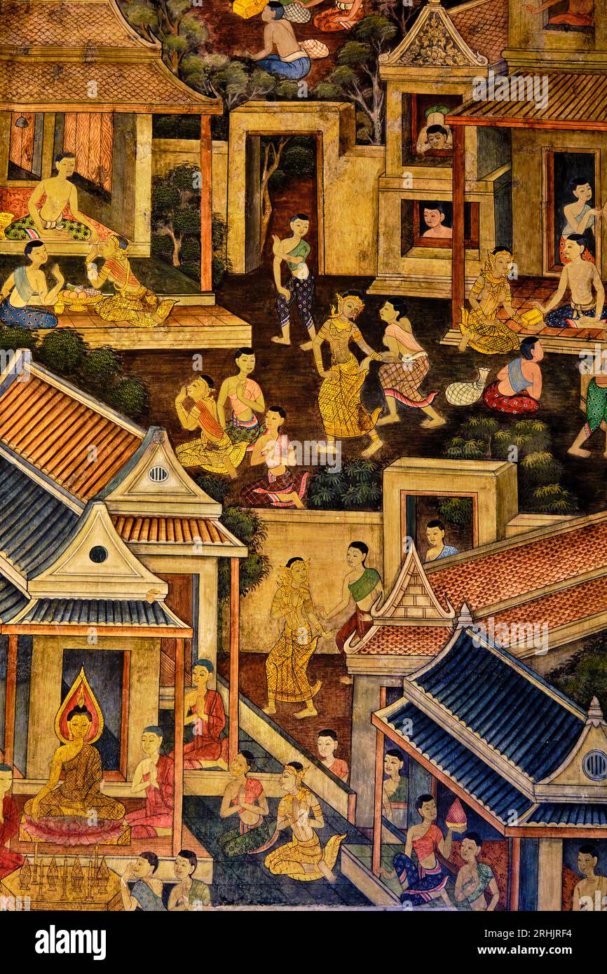 Thailand, Bangkok, Wat Pho, schlafen-Buddha-Tempel, Wandmalerei Stockfoto
