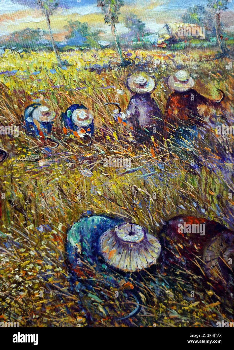 Kunst Malerei Ölfarbe Ernte Reis, Bio-Landwirtschaft Landschaft Stockfoto