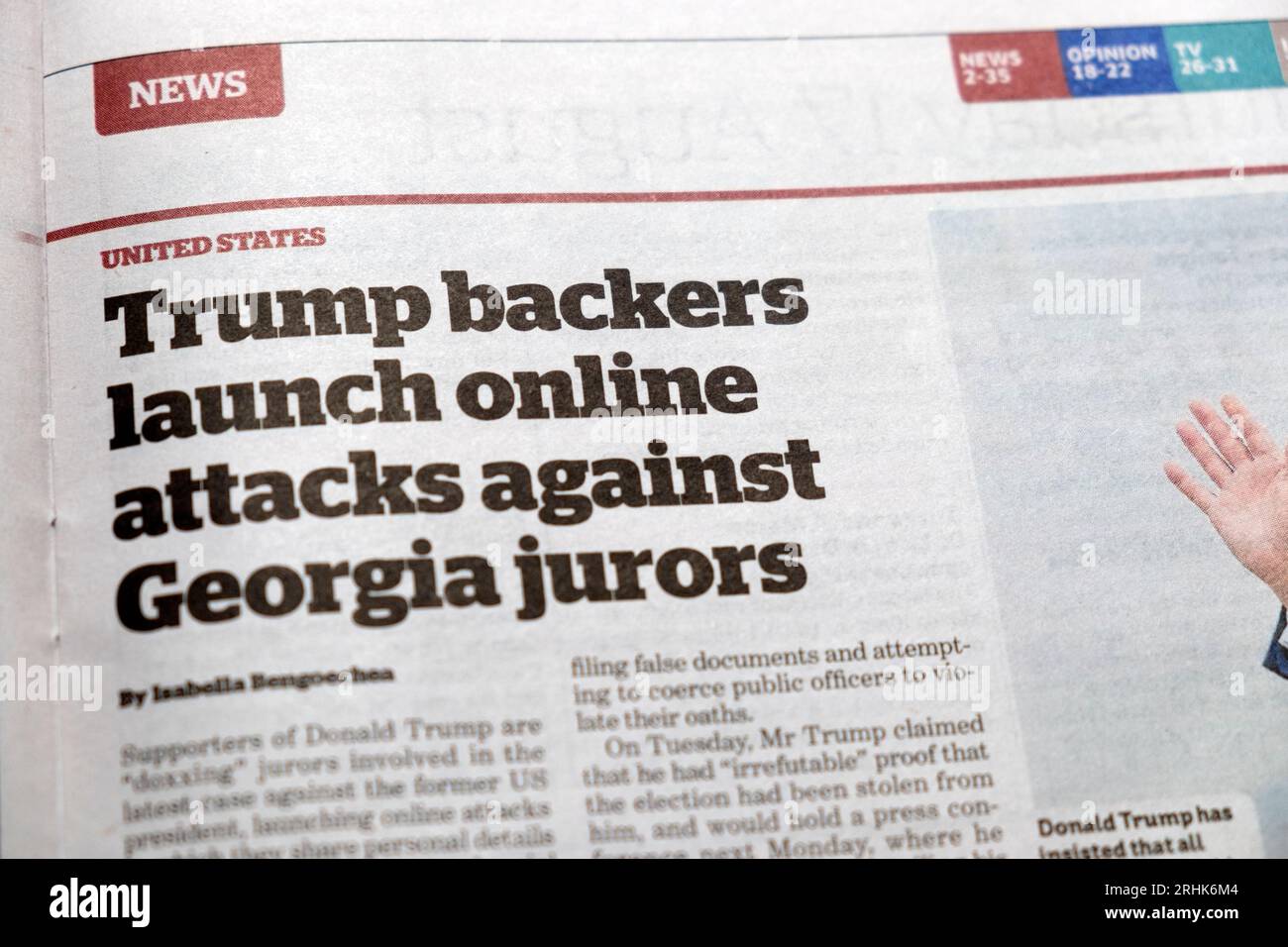 Donald „Trump-Unterstützer starten Online-Angriffe gegen georgische Geschworene“, 1. Zeitung Schlagzeile US-wahlartikel 17. August 2023 London UK Stockfoto
