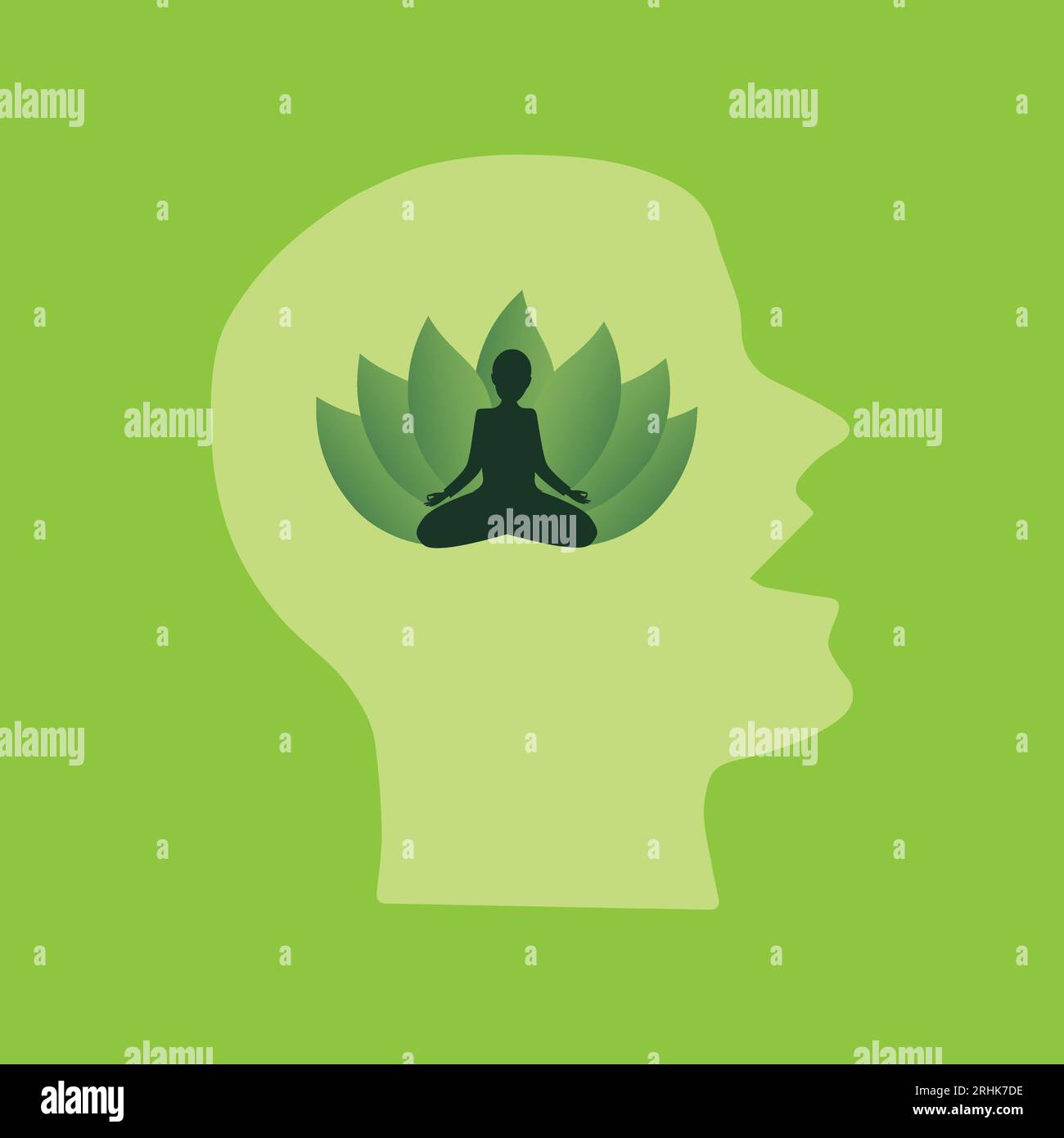 Der menschliche Kopf mit einer meditierenden Person in Lotusstellung im Inneren Stock Vektor