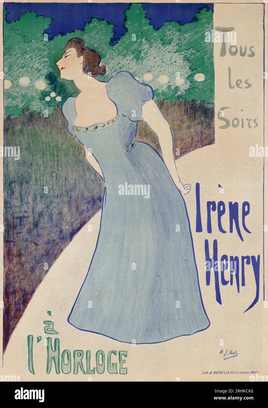 Irene Henry, jeden Abend im l'Horlage. Dieses Werbeplakat für l’Horiage, das beliebte Pariser Konzertcafé auf den Champs Elysees, wurde von dem französischen Künstler Henri-Gabriel Ibels, 1867-1936, entworfen. Stockfoto