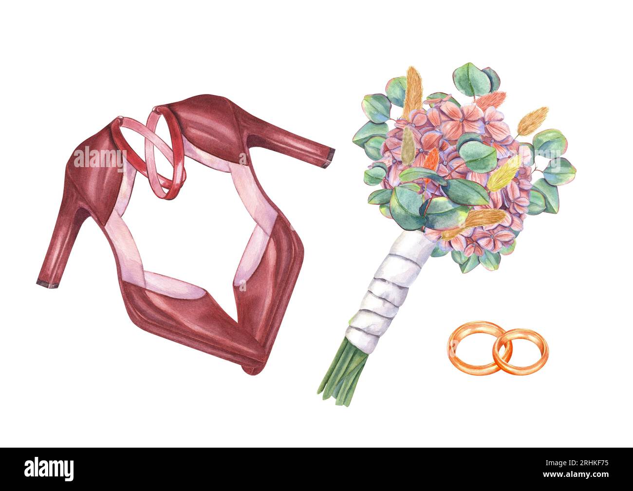 Brautstrauß aus Hortensien, Eukalyptus, Lagurus mit weißem Satinband, goldenen Eheringen, Paar moderne Strappy-Schuhe. Lederschuhe für Frauen Stockfoto