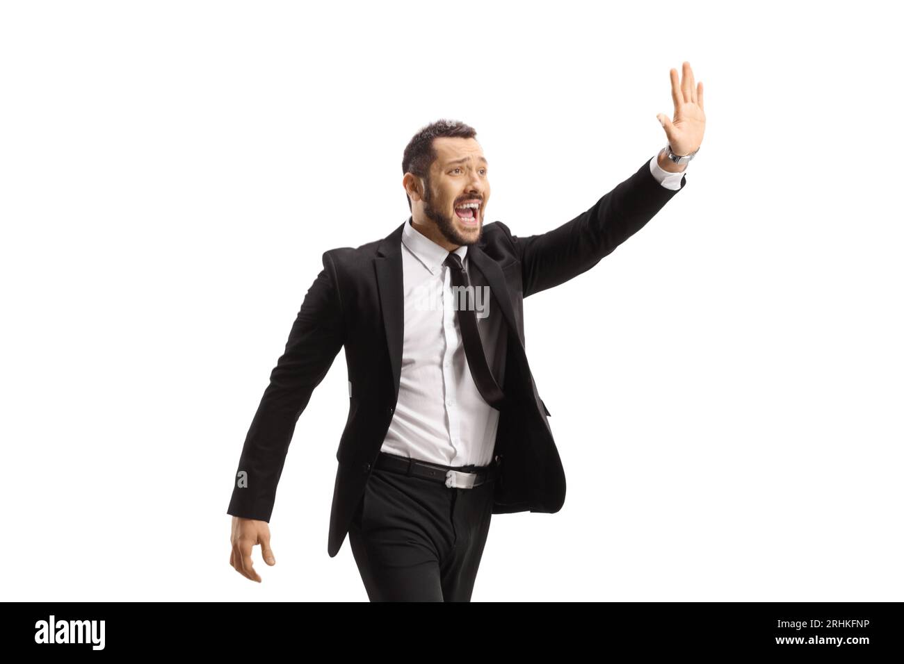 Geschäftsmann läuft und winkt mit Hand isoliert auf weißem Hintergrund Stockfoto