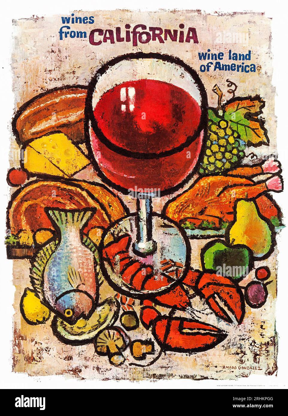 Weine aus Kalifornien, Wine Land of America (Wine Advisory Board, 1960er Jahre). Reiseplakat Stockfoto