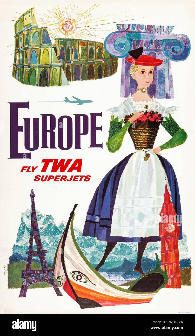 Fliegen Sie TWA Superjets - TWA Airlines Europe (1960er Jahre). Reiseplakat Stockfoto