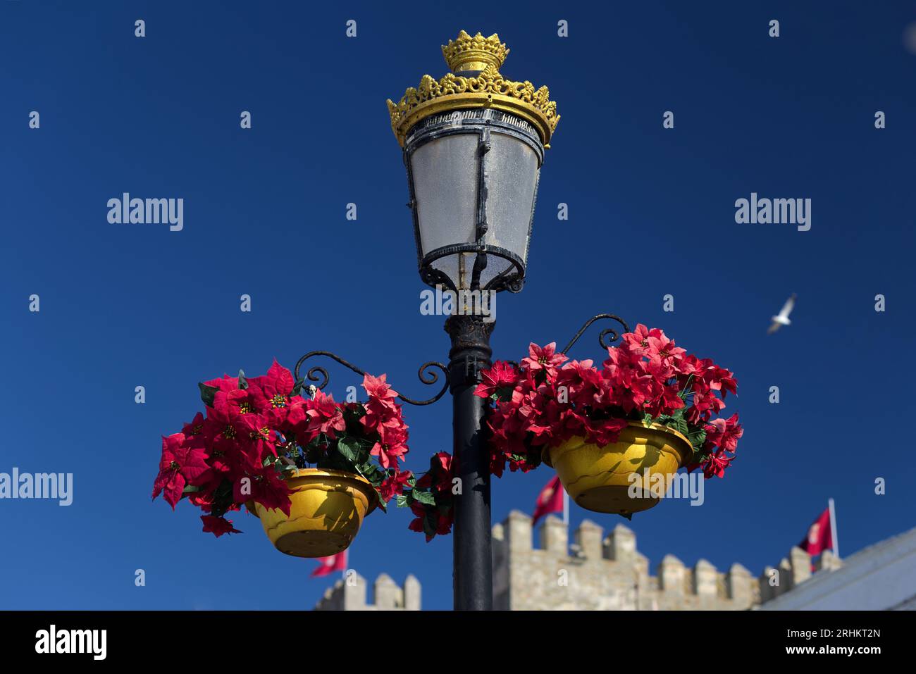 Straßenlaterne mit Blumen in Tarifa Spanien Innenstadt am Hafen mit Schloss "castillo de guzman el Bueno" Hintergrund Stockfoto