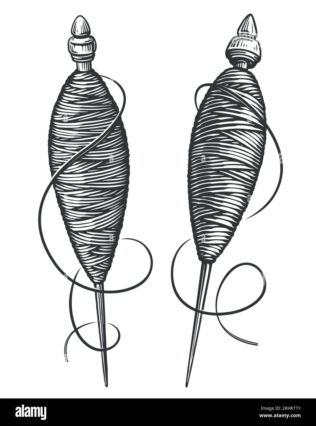 Handwerkzeugspindel zum Spinnen von Baumwolle. Wollfaden, Garnskizze. Vintage-Vektor-Illustration Stock Vektor