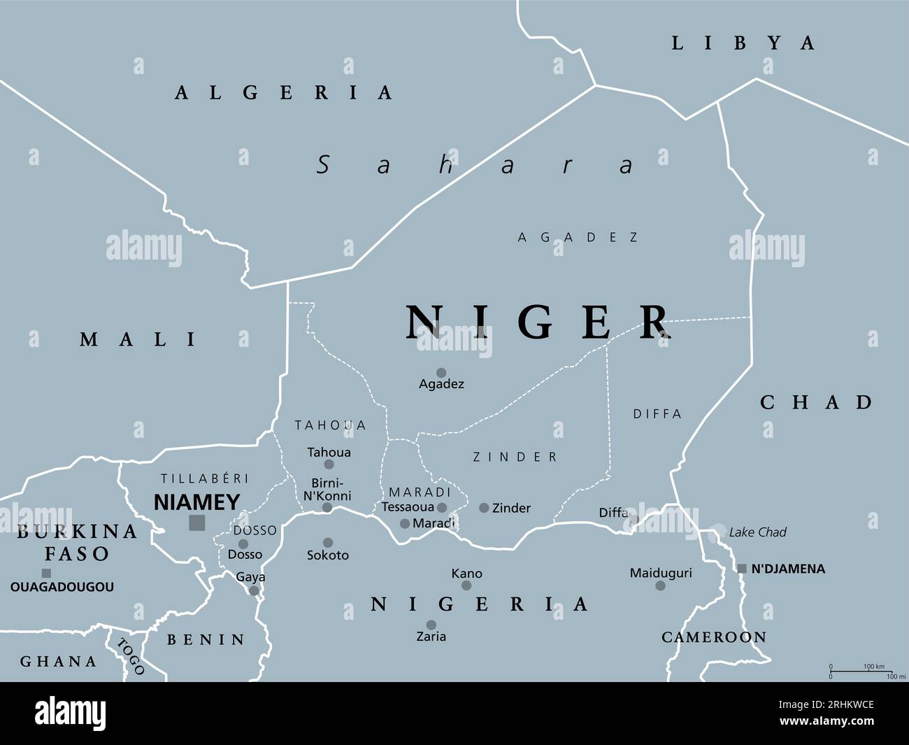 Niger, Binnenland in Westafrika, graue politische Landkarte mit Grenzen, Regionen, Hauptstadt Niamey und den größten Städten. Die Republik Niger. Stockfoto
