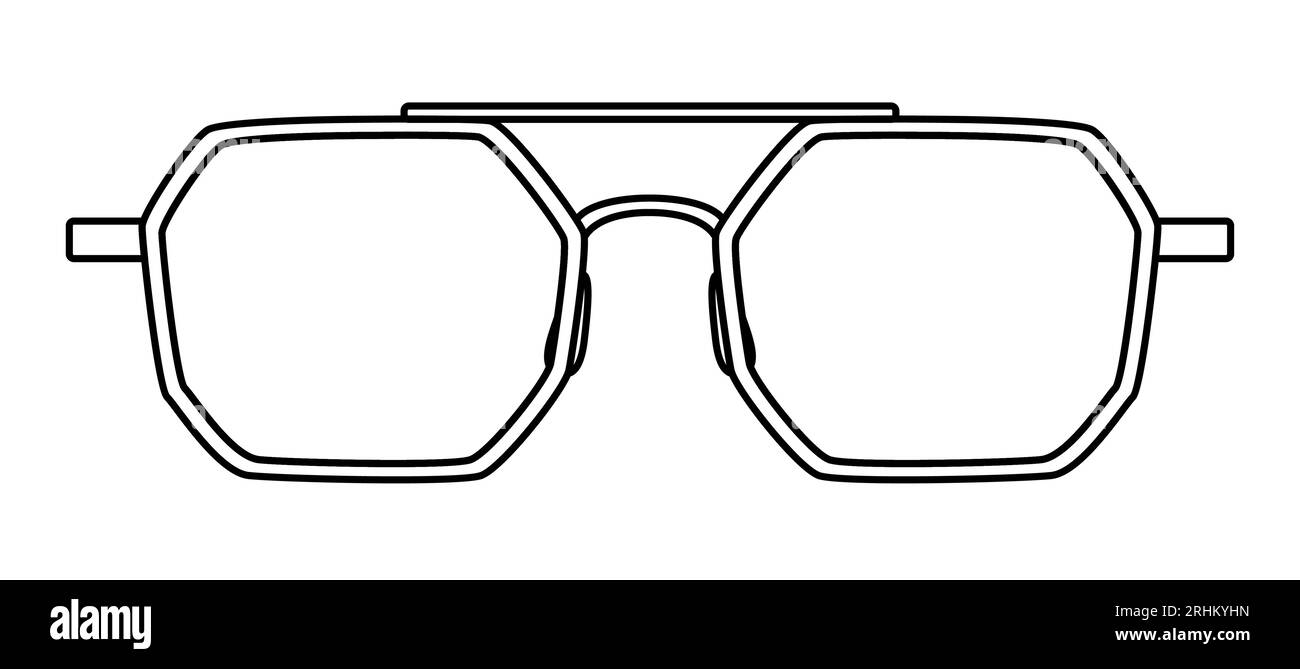 Geometrische Blinder Rahmen Brille Mode Accessoire Illustration. Sonnenbrille Vorderansicht für Herren, Damen, Unisex-Silhouette, flache Brillenbrille mit Objektivskizze isoliert Stock Vektor