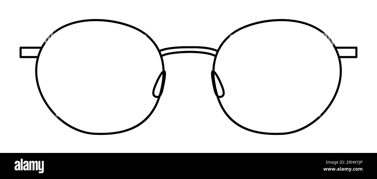 Runde Brille Modeaccessoire Illustration. Sonnenbrille Vorderansicht für Herren, Damen, Unisex-Silhouette, Brille mit flachem Rand Brille mit Linse, Skizzenstil isoliert auf weiß Stock Vektor