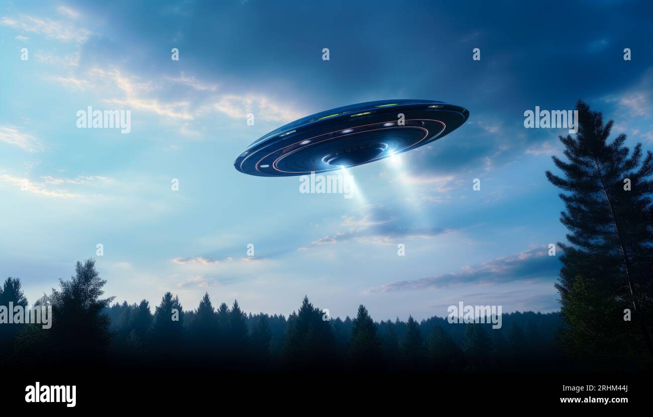 Eine Unidentified Flying Object Untertasse Schwebt Im Bunten Surrealen Himmel Stockfoto