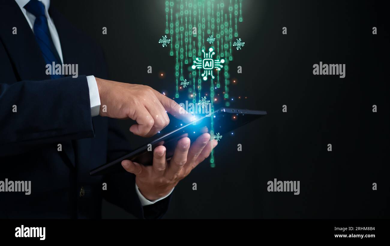 Geschäftsmann, der ein Tablet mit KI-System, Symbol, maschinellem Lernen, künstlicher Intelligenz futuristischer Technologie hält. KI-Netzwerk aus Gehirnen in Stockfoto