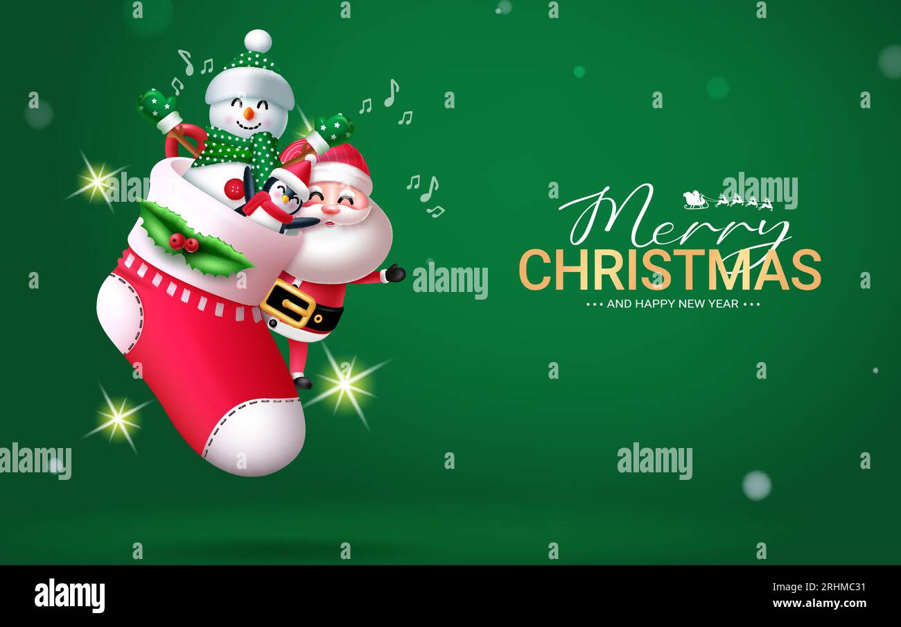 Weihnachtssocken im Vektordesign. weihnachtsmann- und Schneemannfiguren mit Socken- und Strumpf-Ornamenten zum Aufhängen. Vektor-Illustration Begrüßung Stock Vektor