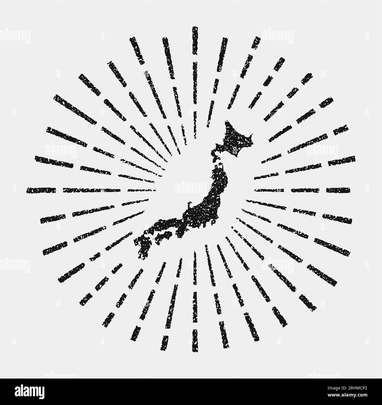 Alte Karte von Japan. Sonnenschein im ganzen Land. Schwarze Japan-Form mit Sonnenstrahlen auf weißem Hintergrund. Vektorillustration. Stock Vektor