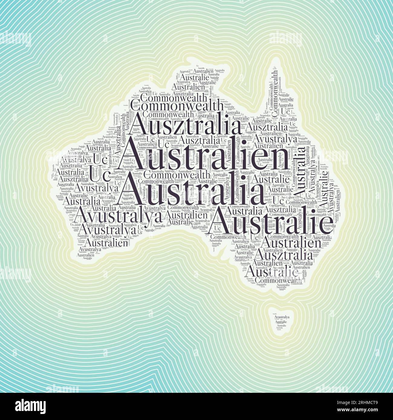 Australische Form, die durch den Ländernamen in mehreren Sprachen gebildet wird. Australische Grenze auf stilvollem gestreiftem Hintergrund mit Farbverlauf. Lebendiges Poster. Stock Vektor