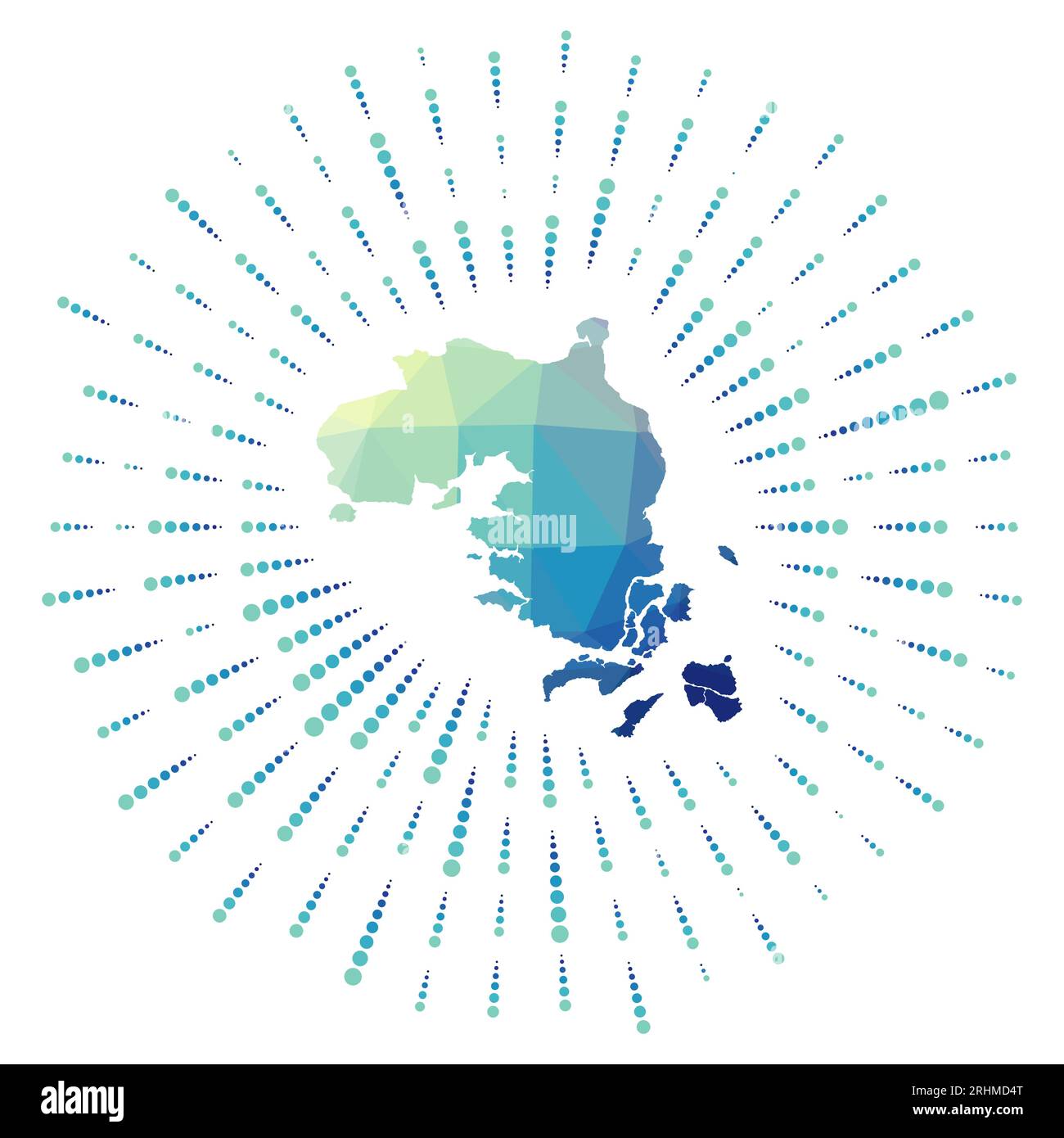 Die Form der Bintan-Insel, polygonaler Sonnenaufgang. Karte der Insel mit bunten Sternrochen. Bintan-Illustration in den Bereichen Digital, Technologie, Internet, Netzwerk Stock Vektor