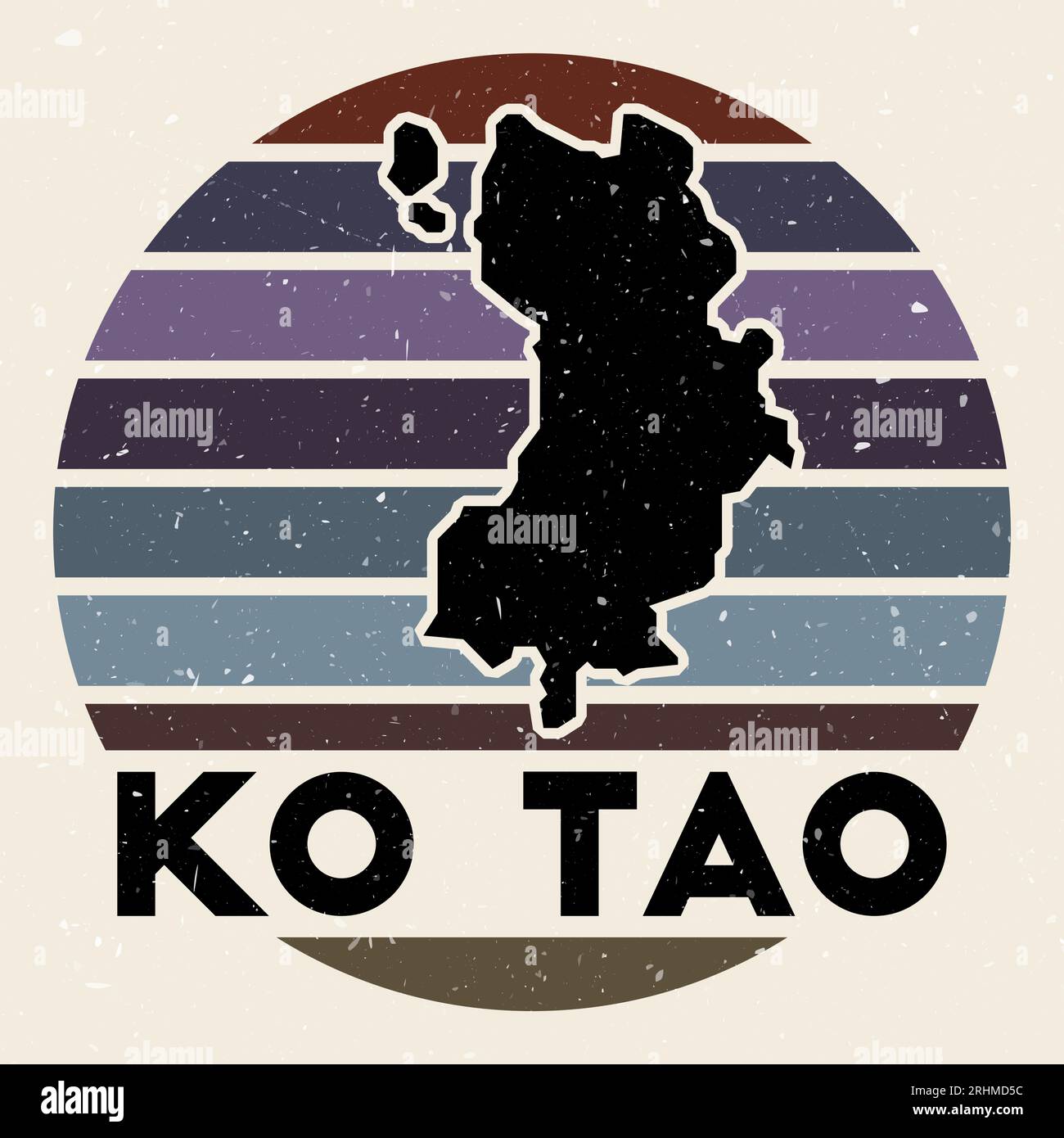 Ko Tao Logo. Schild mit der Karte der Insel und farbigen Streifen, Vektorillustration. Kann als Abzeichen, Logo, Etikett, Aufkleber oder Emblem des K verwendet werden Stock Vektor