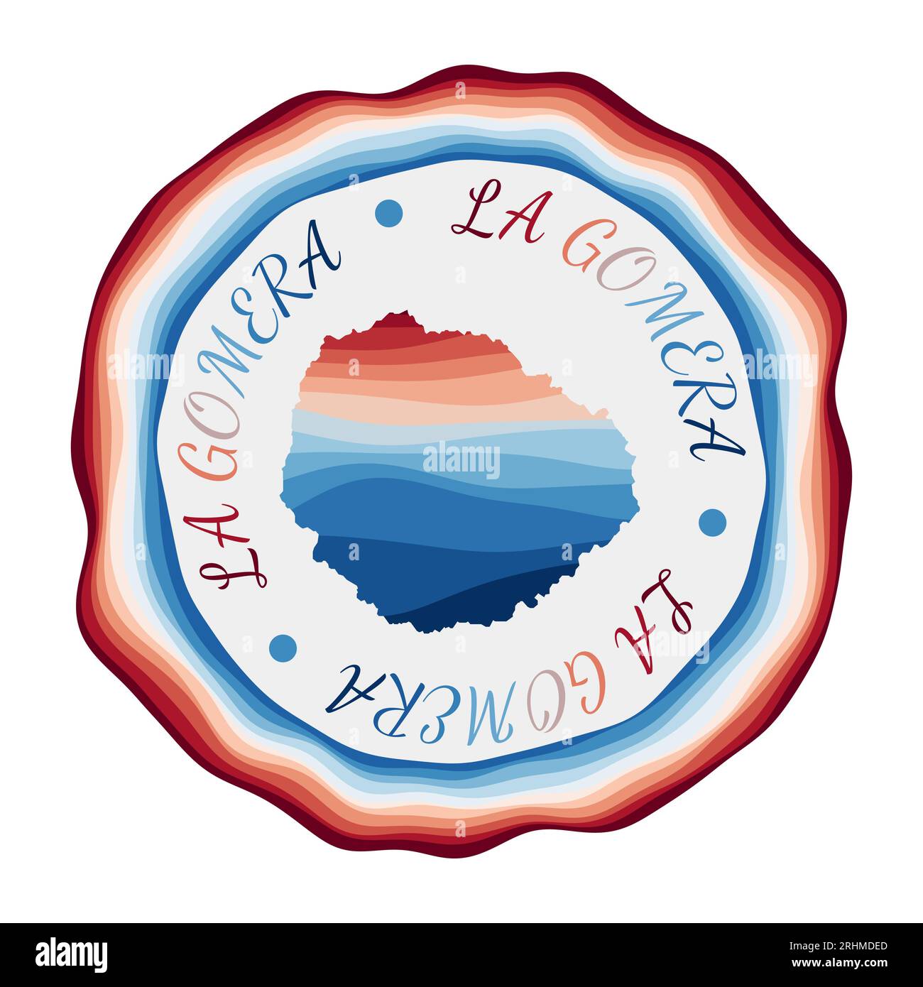 La Gomera-Emblem. Karte der Insel mit wunderschönen geometrischen Wellen und leuchtend blauem Rahmen. Lebhaftes rundes La Gomera-Logo. Vektorillustration. Stock Vektor