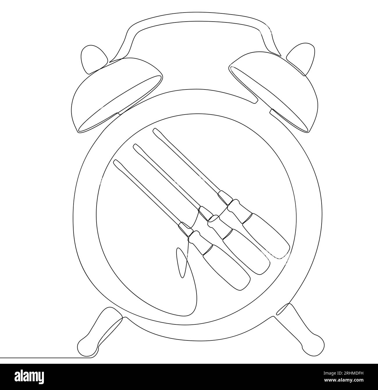 Ein durchgehender Wecker mit Schraubendreher. Vektorkonzept für die Darstellung dünner Linien. Konturzeichnung kreative Ideen. Stock Vektor