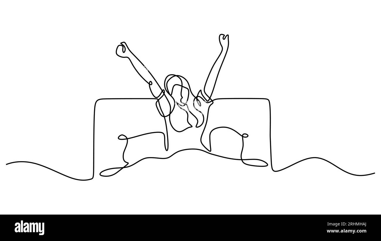 Ein Mädchen wacht auf, eine Linie zeichnet minimalistisch, eine Frau nach dem Schlaf fühlt sich frisch. Stock Vektor