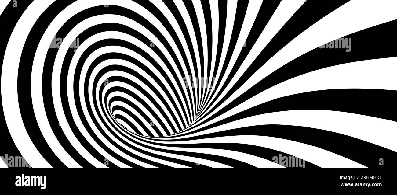 Optischer Trichter. Gestreifter, geometrischer, unendlicher Tunnel. Schwarz-weiß abstrakte hypnotische Lochform. Vector OP Art Wurmloch Illustration Stock Vektor