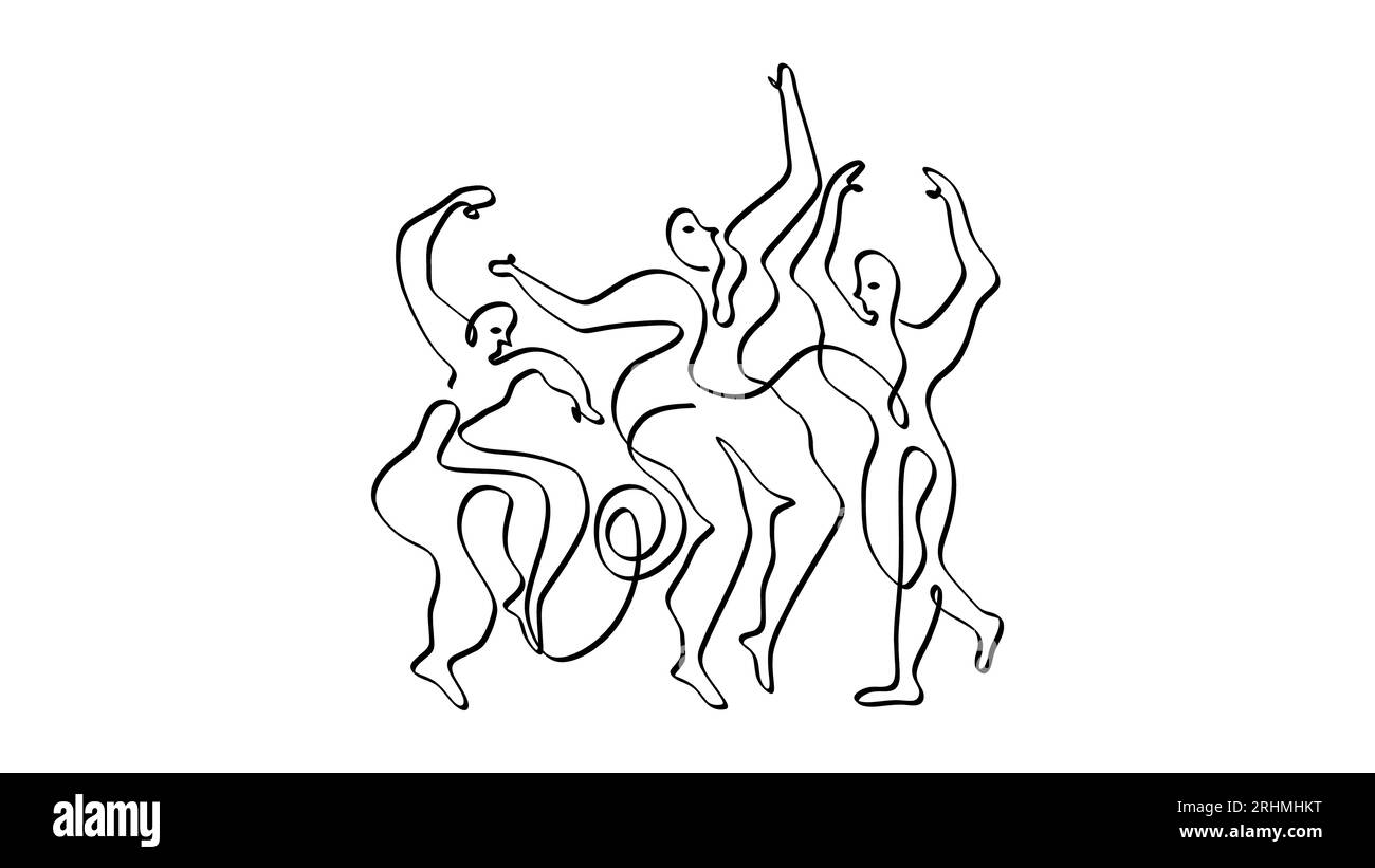 Drei picasso-Tänzerinnen im Stil einer Linie, die durchgehend von Hand gezeichnet wird, minimalistische Konturen in Schwarz und weiß, farblos. Einfache Vektorillustration für Stock Vektor
