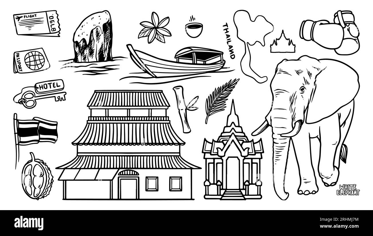 Reisen Sie nach Thailand, wo Sie Symbole für Doodle-Sets finden. Handschriftliche Skizze von Objekten. Segelboot, Elefant und antike Pagode Ziel. Architektonisches Gebäude in EA Stock Vektor
