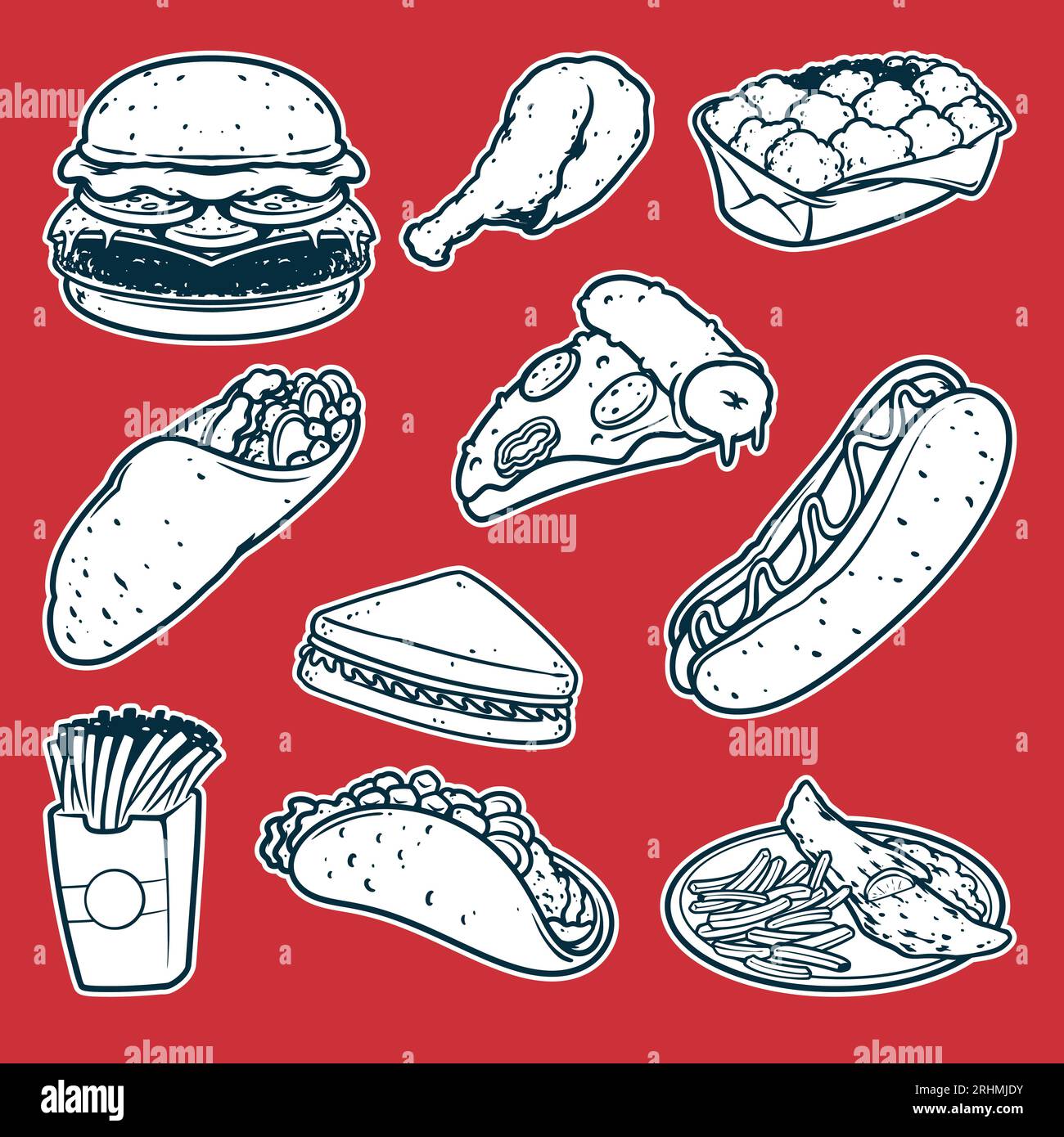 Fast Food schwarz-weiße Doodle Hand gezeichnet, Burger, Frech Pommes, Taco, Burrito, Hot Dog und Pizza Sandwich Vektor Illustration. Stock Vektor