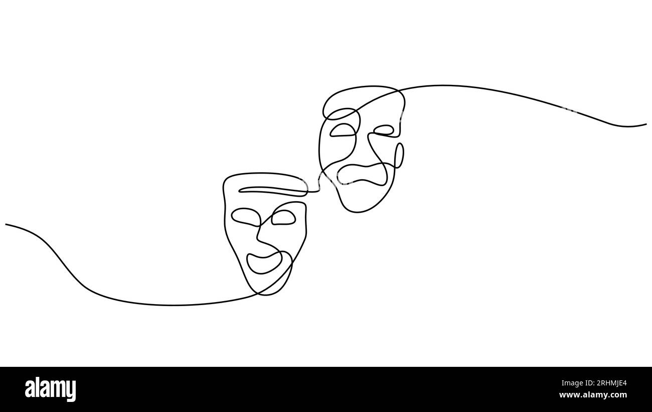 Theatermaske einzeilige Zeichnung, Opern-Ereignis-Symbole durchgehende Hand gezeichnet. Stock Vektor