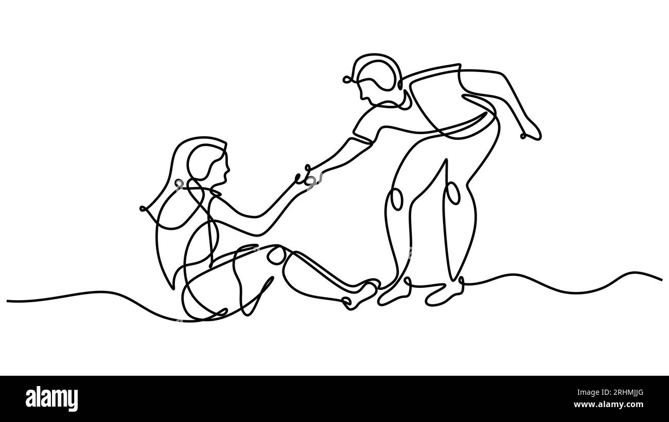 Eine Linie zeichnen. Mann hilft gefallenem Mädchen. Fortlaufende handgezeichnete Vektorskizze. Stock Vektor