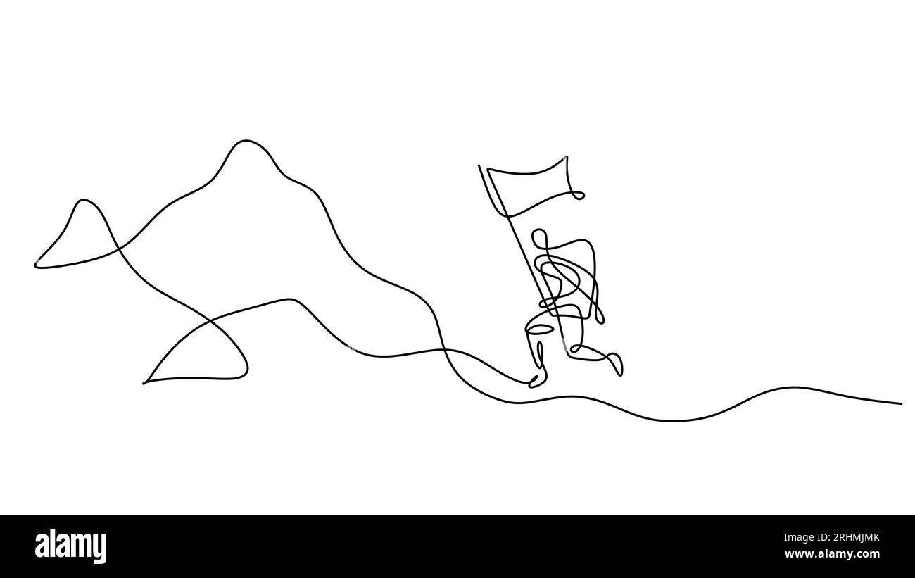 Wanderbergvektor. Durchgehende einzeilige Zeichnung, Personen, die eine Flagge halten und einen Gipfel erklimmen. Sieg und Erfolg Metapher. Stock Vektor