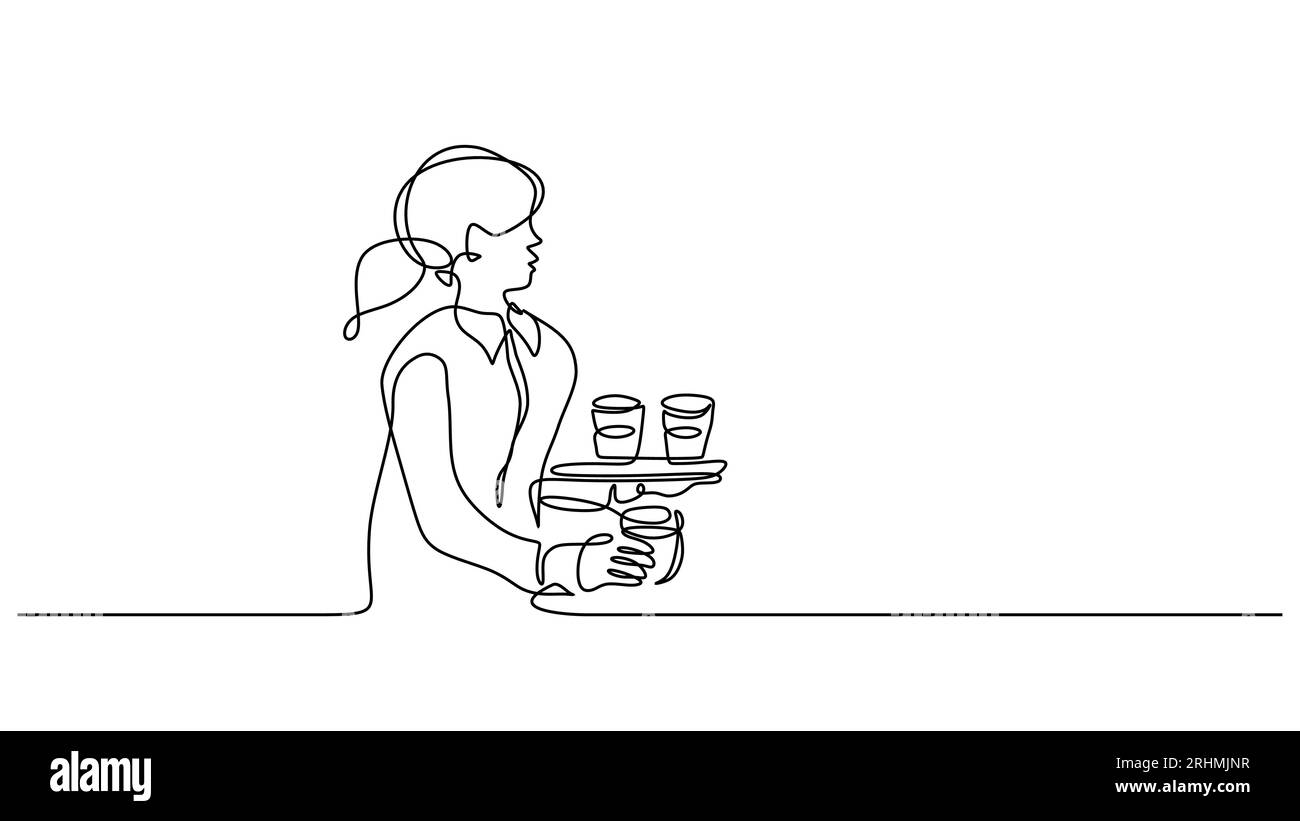 Kellnerin durchgehend eine Linie zeichnen minimalistisch. Frau, die Menschen Getränke serviert, Tablett in einer Kneipenvektorillustration trägt. Restaurant, Barpersonal. Mädchen Stock Vektor