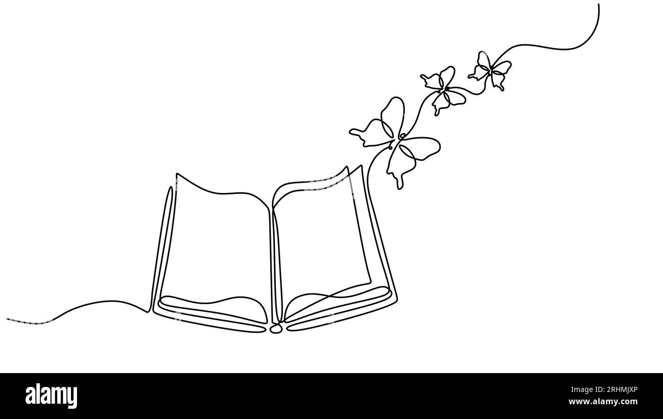 Fliegendes Buch eine Linie Zeichnung mit Schmetterling. Fortlaufender handgezeichneter Konturvektor. Illustration von Kreativität und Freiheit. Stock Vektor