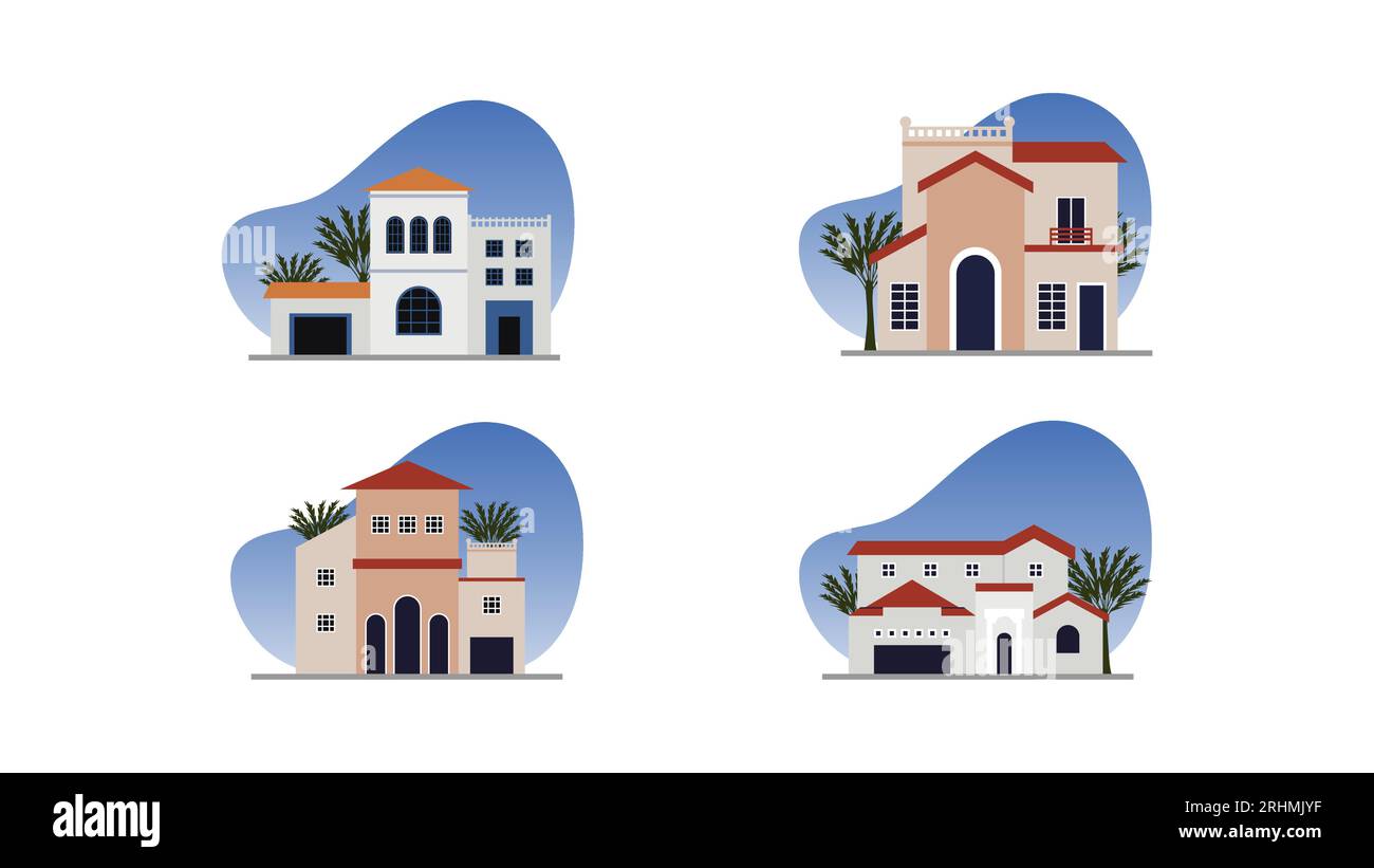 Mediterranean House Vector Illustration Set - Reise- und Architekturdesign mit traditionellem Stil und schöner Landschaft Stock Vektor