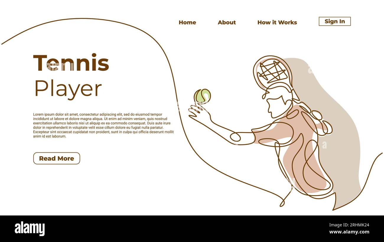 Durchgehende Linienzeichnung Tennisspieler, einfache Linienzeichnung von Hand gezeichnet. Konzept der Landing-Page, Vorlage für Vektorillustration. Stock Vektor