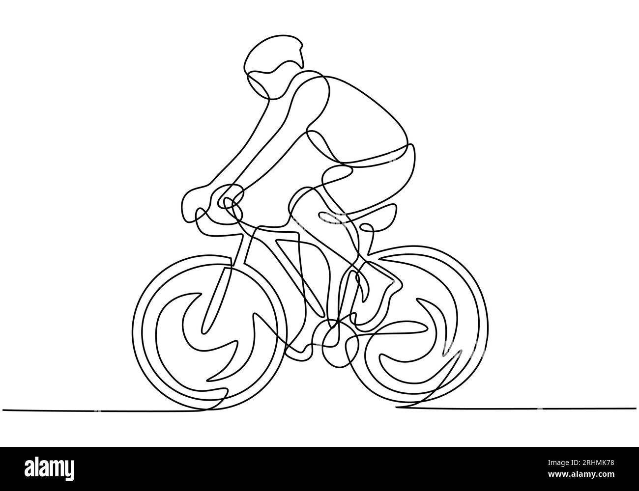Radfahrer mit einem Helm, der auf dem Fahrrad fährt. Minimalistische Designzeichnung eines Sportlers, der Sport spielt. Stock Vektor