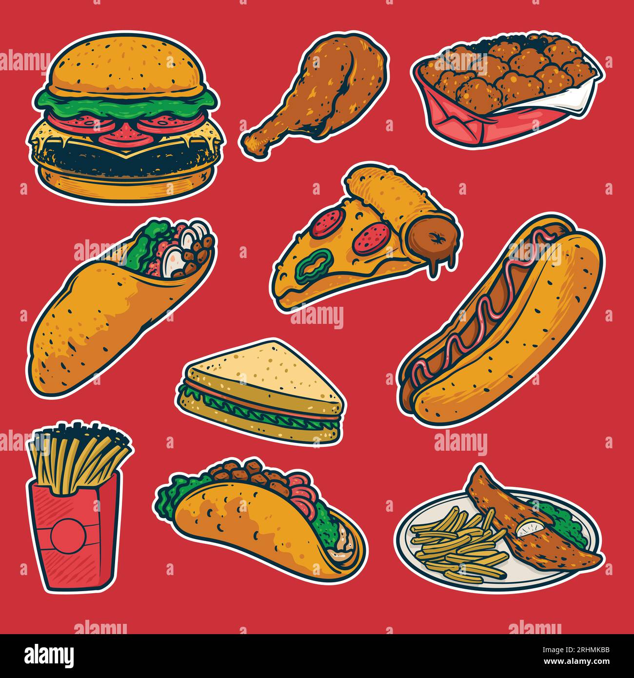 Fast Food Bunte Doodle Hand gezeichnet, Burger, Frech Pommes, Taco, Burrito, Hot Dog und Pizza Sandwich Vektor Illustration. Stock Vektor