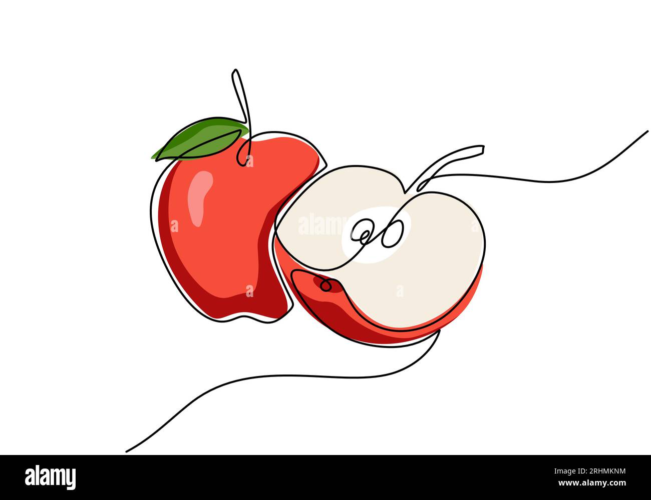Durchgehende einzeilige Zeichnung von Apple, Obstvektor-Illustration. Stock Vektor