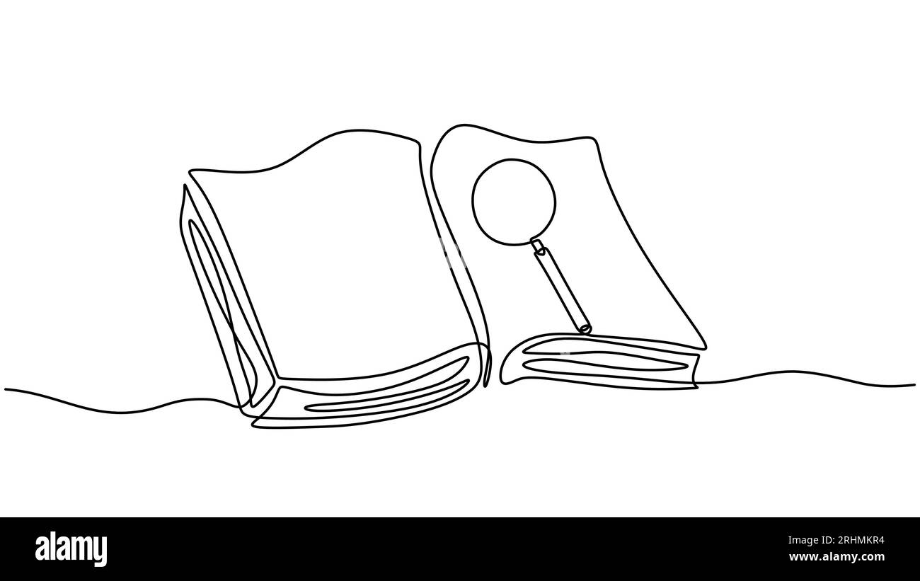 Durchgehende einzeilige Zeichnung von Buch und Lupe, Vektor der Suche und des Lernens im Bildungsbereich, über einem offenen Buch positioniert. Die Idee des Konzepts Stock Vektor