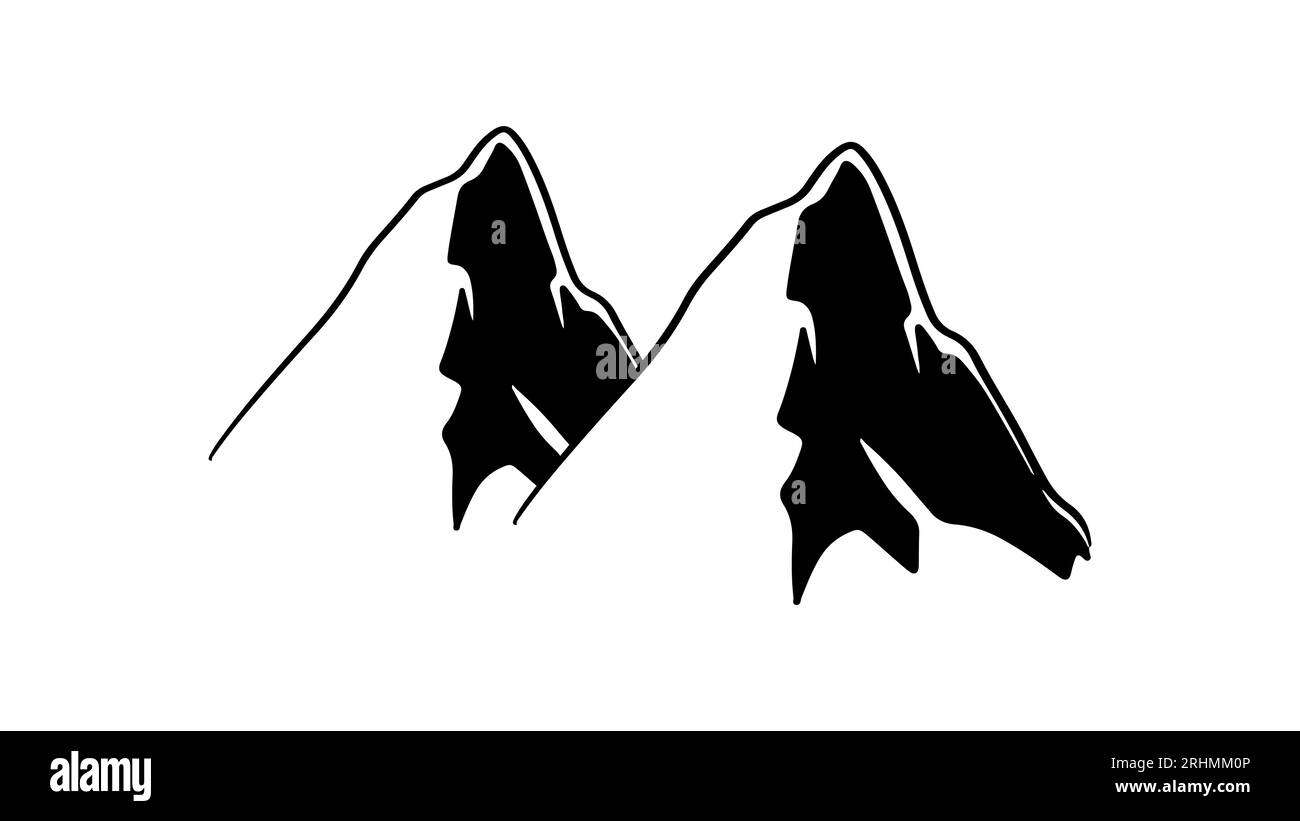 Mountain Icon Vector, Illustration Silhouette Peak Logo, das eine vereinfachte Umrisslinie eines Berges zeigt, entwickelt für den isolierten Einsatz auf Webplattformen mit Stock Vektor