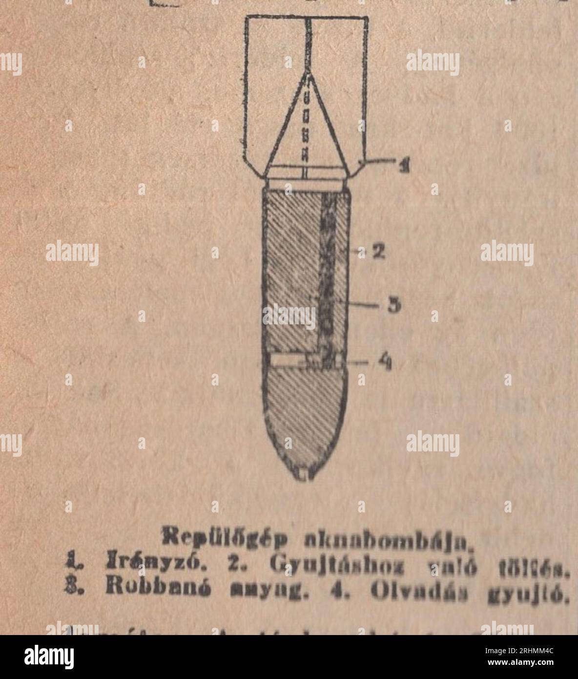 Vintage Illustrated Dictionary aus den 1940er Jahren Családi kis Lexikon Wörterbuch : Flugzeugmörtel Bombenillustration mit Beschreibung.: 1. Regelung 2. Befüllung zum Abfeuern / Aufladen zum Abfeuern 3. Explosives Material 4. Schmelzverbrennungsanlage Stockfoto