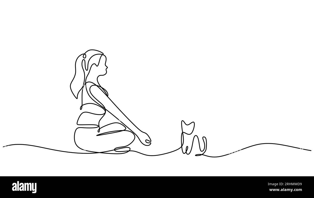 Cat Yoga Frauen, kontinuierliche Linienzeichnung. Einzelskizzengrafik mit Bewegung und körpergesunder Lebensweise. Stock Vektor