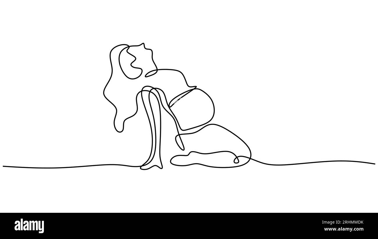 Pränatale Yoga-Linienzeichnung, schwangere Frau mit Bewegungsvektor-Illustration. Stock Vektor