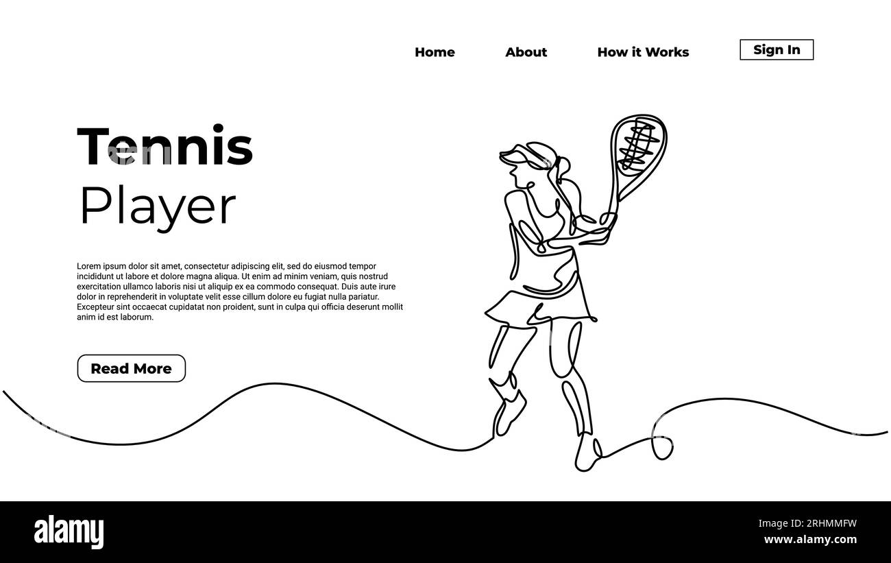 Tennisspielerin, durchgehende einzeilige Zeichnung, Skizzenzeichnung linear handgezeichnet, Landing-Page-Sportkonzept, für Web- und Grafikelement, editierbare Str Stock Vektor