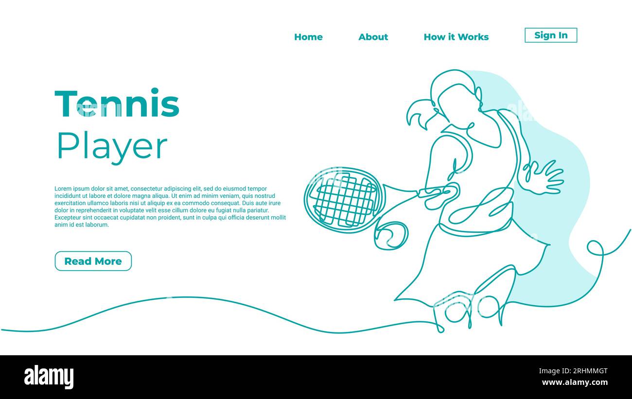 Eine Linie zeichnende Frau, die Tennis spielt, Vektor-Illustration Mädchen mit Schläger durchgehende einzelne Hand gezeichnete Grafik. Webelemente für Landing-Page-Vorlage W Stock Vektor