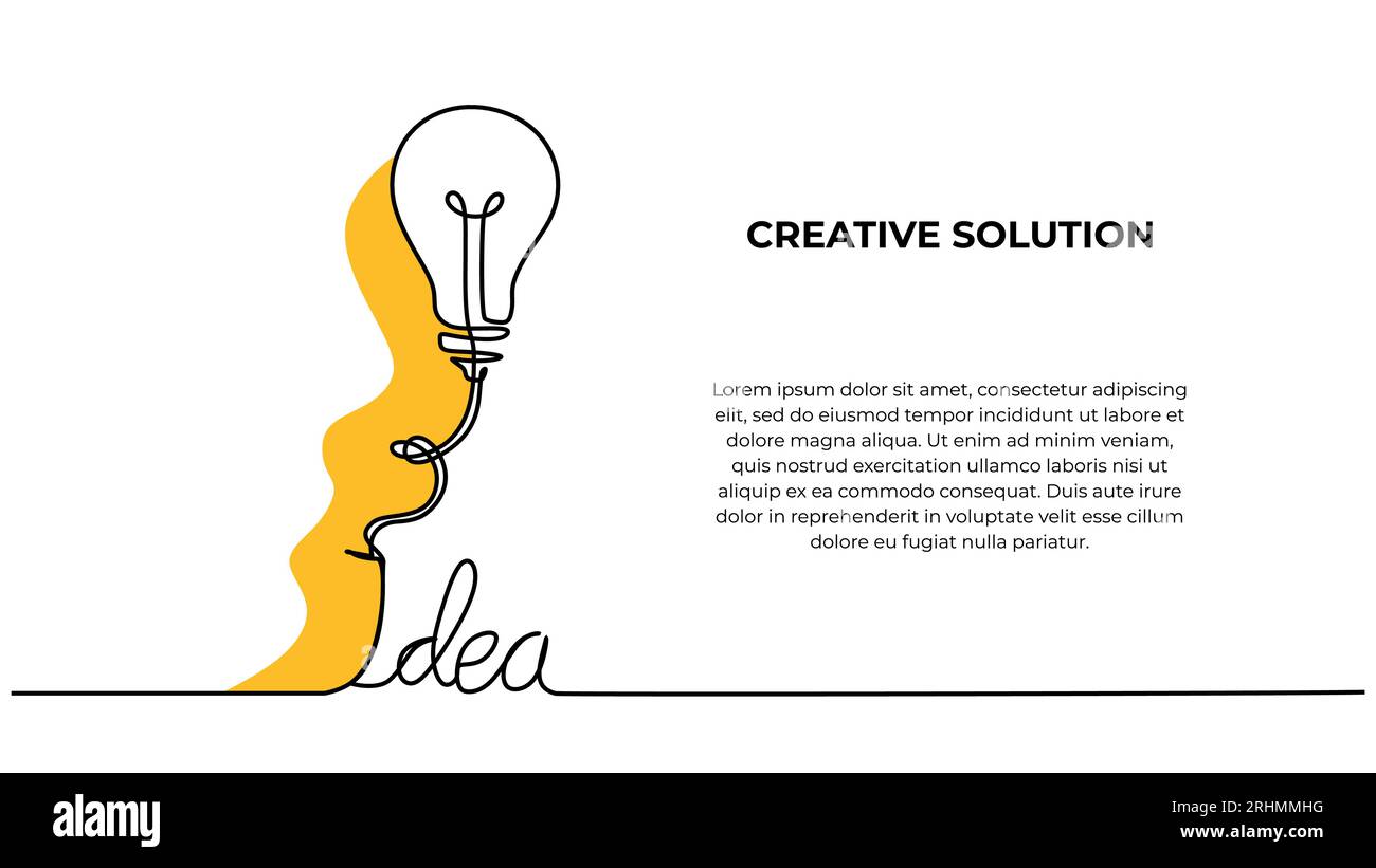Glühbirne durchgehende einzeilige Zeichnung, kreative Vektorlösung mit Ideentext. Minimalistische Handkonturskizze der Business-Creativity-Metapher. Stock Vektor