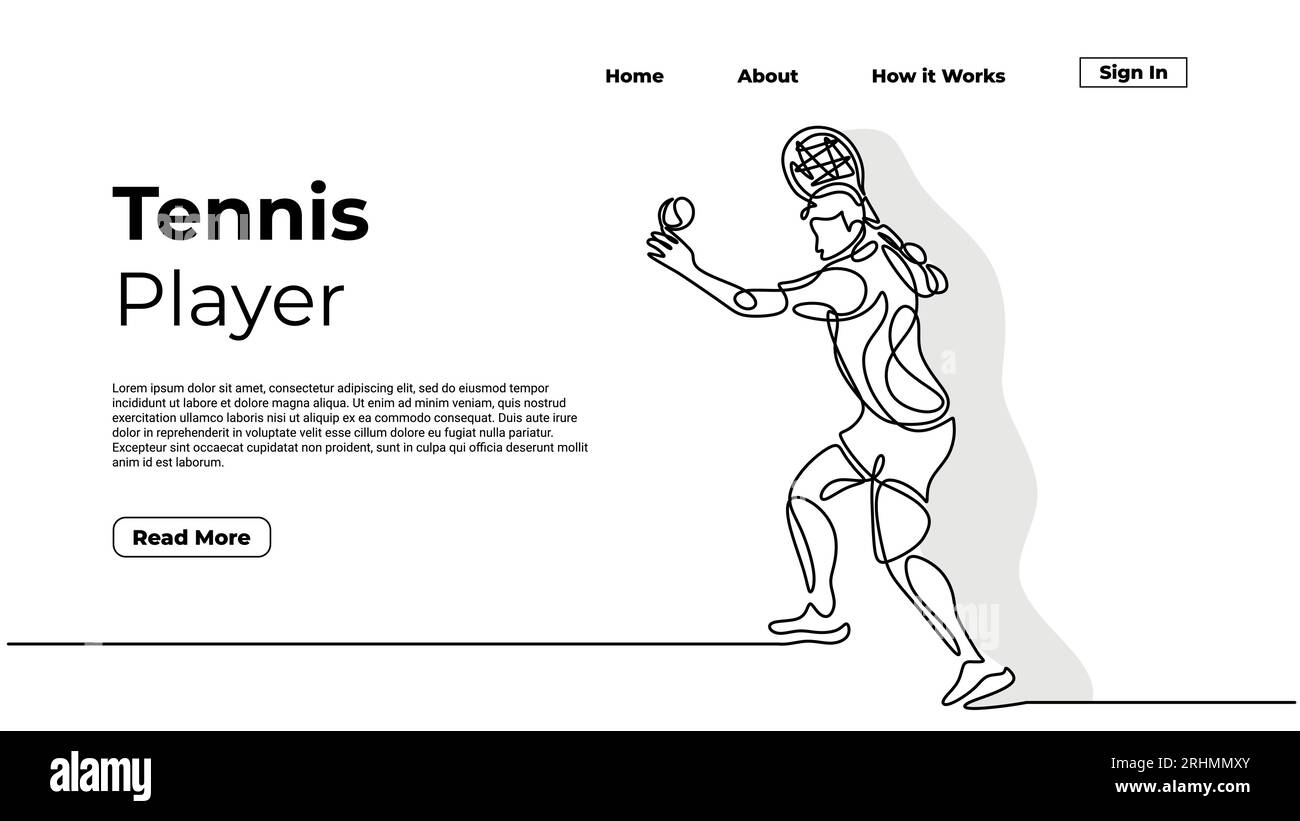 Durchgehende einzeilige Zeichnung eines Tennisspielers, einhändig gezeichnetes Sportspiel eines Athleten. Vektor-Illustration von Leuten, die Schläger halten, Web la Stock Vektor