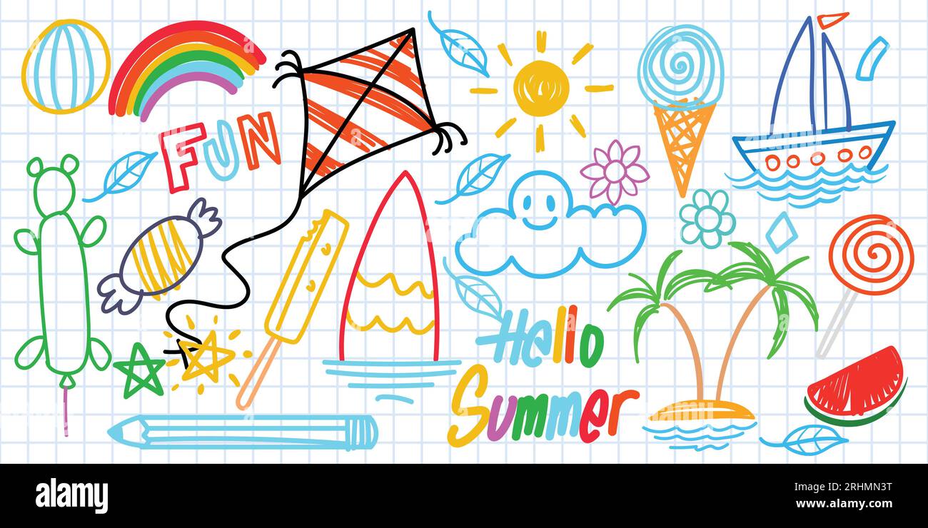 Sommer lustige Hand gezeichnete Symbole Vektor-Set. Obst, Eis, Sonne, Kite. Wie bunte Buntstifte, Pastell, Süßigkeiten, Regenbogen, Kokos, Kreide, Wolke, ca. Stock Vektor