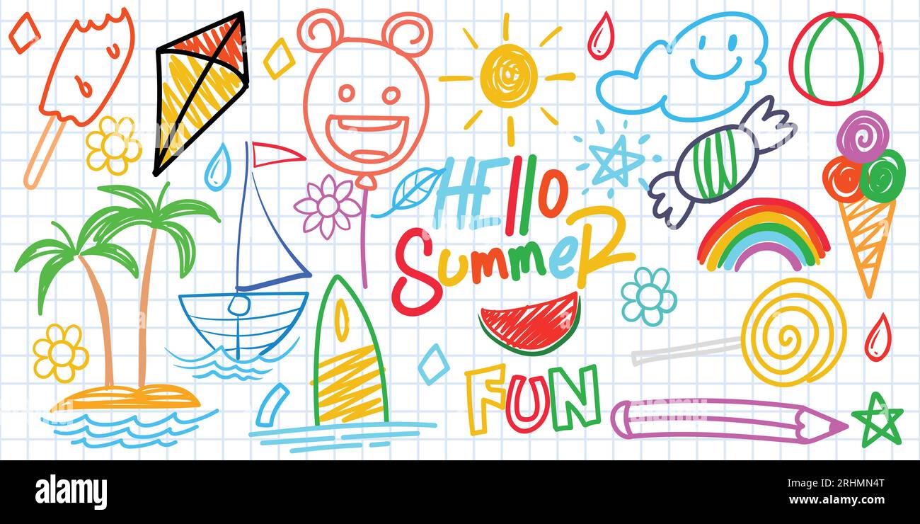 Sommer lustige Hand gezeichnete Symbole Vektor-Set. Obst, Eis, Sonne, Kite. Wie bunte Buntstifte, Pastell, Süßigkeiten, Regenbogen, Kokos, Kreide oder Bleistift Stock Vektor