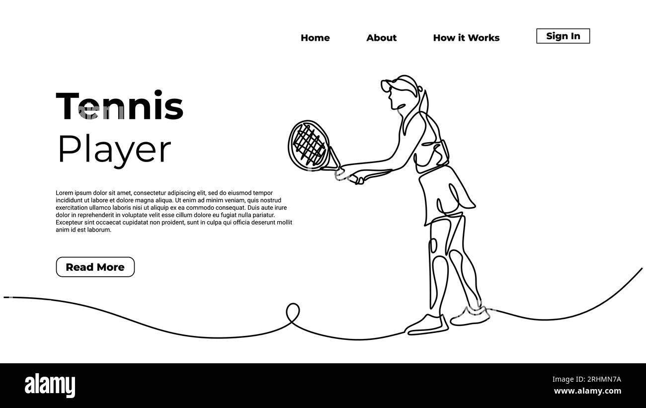 Durchgehende Linienzeichnung einer Tennisspielerin, eine Hand gezeichnete Einzelskizzenkunst, Sportspielerin. Konzeptelement Landing-Page. Stock Vektor